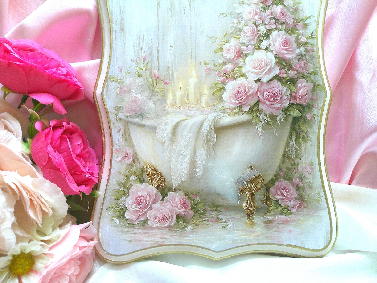 Shabby Chic Victorian~White Clawfoot Tub Image w/Pink Roses~Wooden Plaque~OOAK