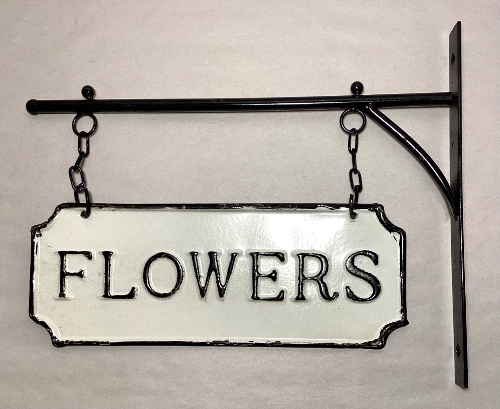 Black White Farmhouse Double Side Enamel Metal FLOWERS Sign Wall Hanging Bracket
