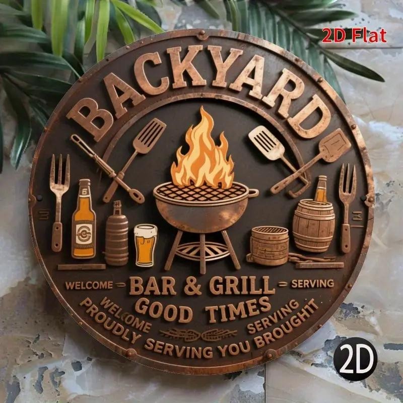 Backyard Bar & Grill BBQ Beer Round Metal Sign Rustic Patio Tin Wall Decoration