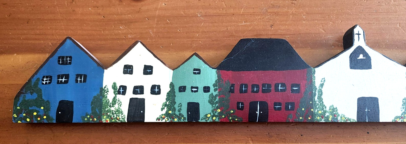 VTG Folk Art Decor Row of Colonial Houses Handmade Wooden Signed by Artist
