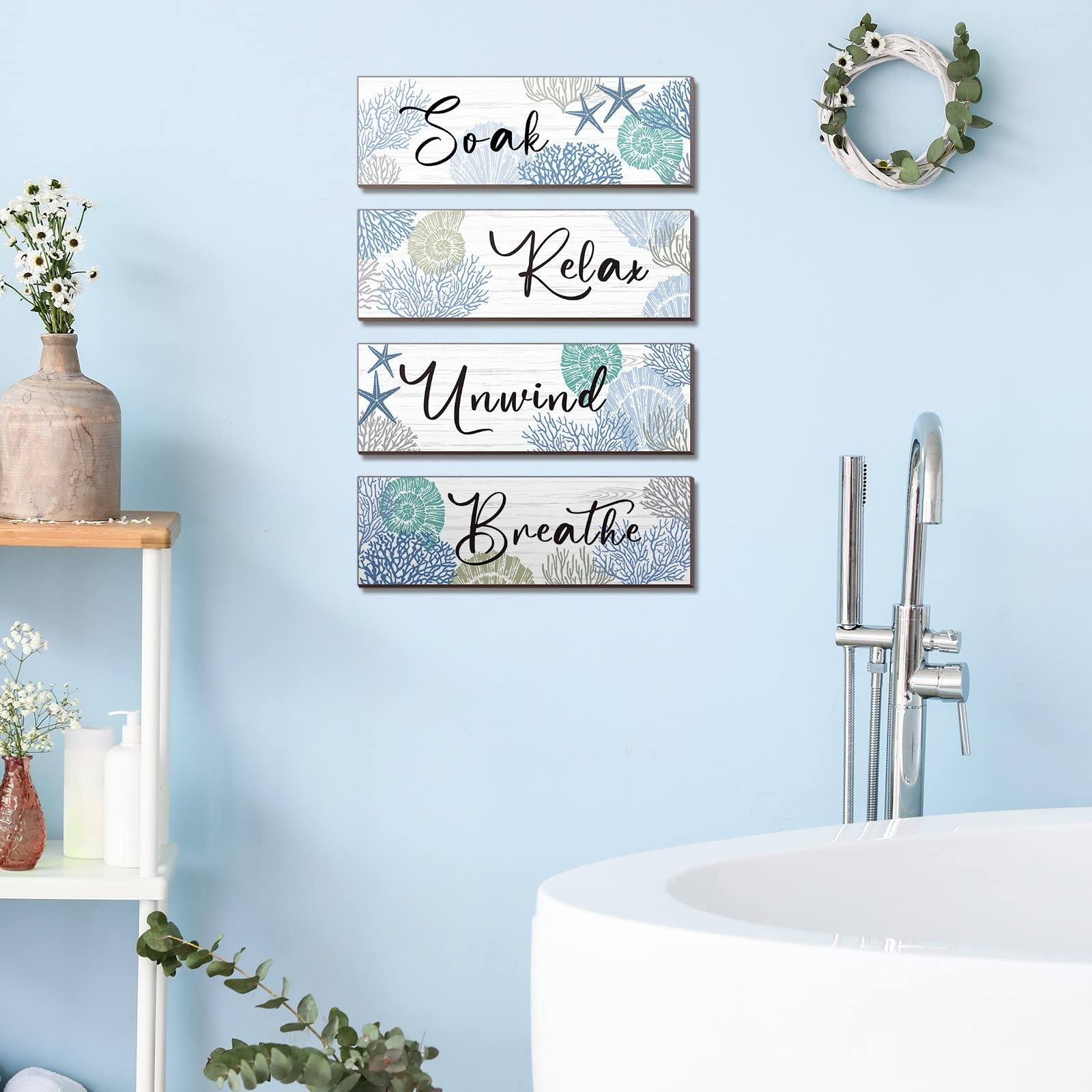 11 X 3.5 Inches Coastal Christmas Decor Set Of 4 Beach Ocean Bathroom Wall Decor