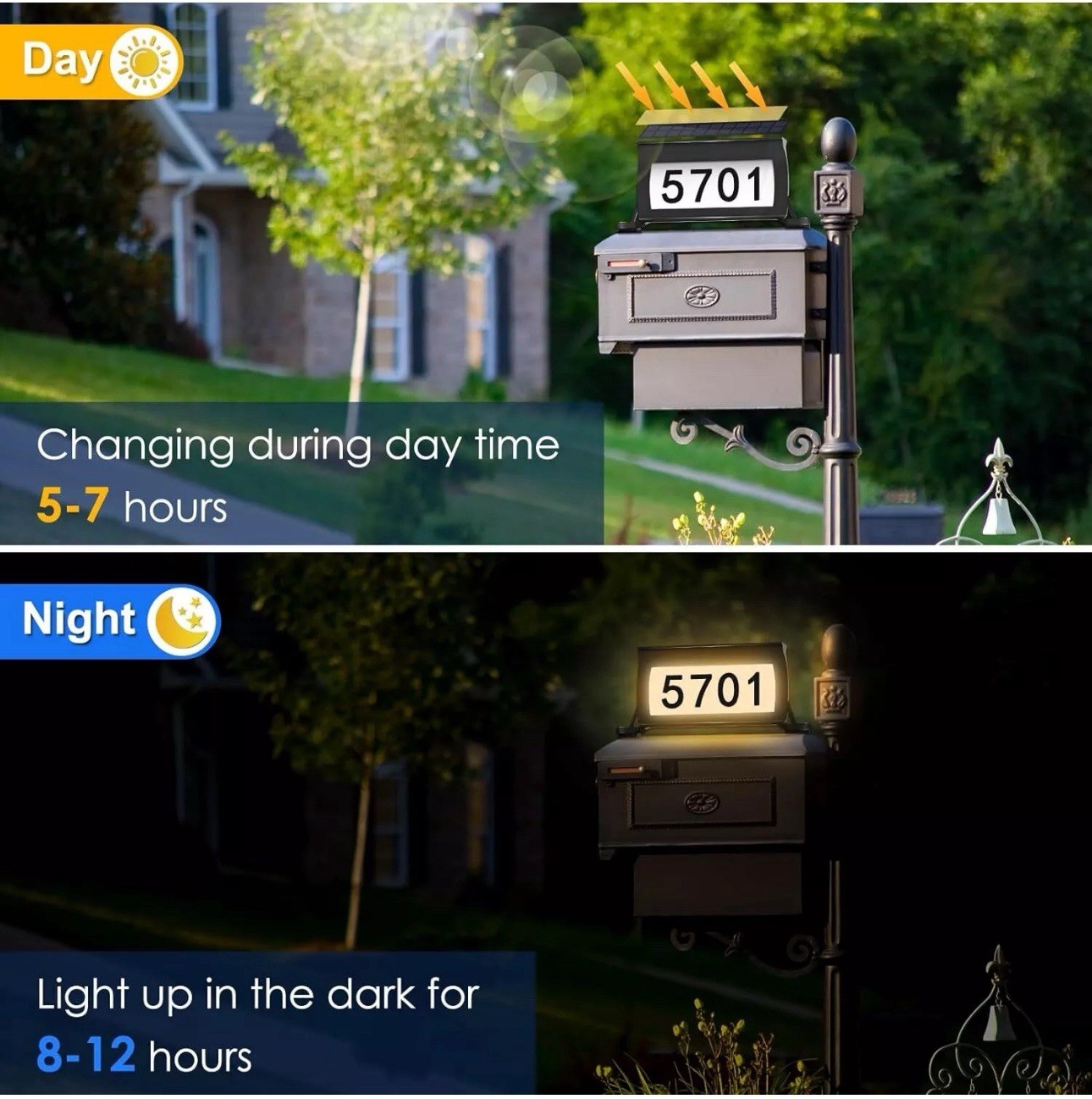 Solar Address Sign Mailbox House Number Plaque Double Side 3 Light Color