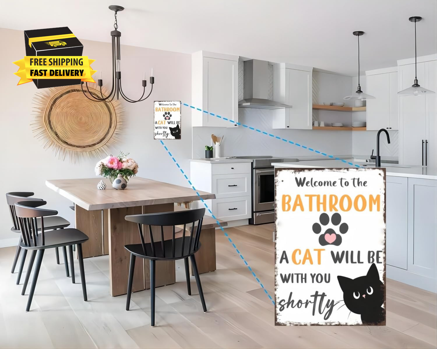 Vintage Tin Metal Sign – Funny Bathroom Black and White Cat Wall Art for Bathroo