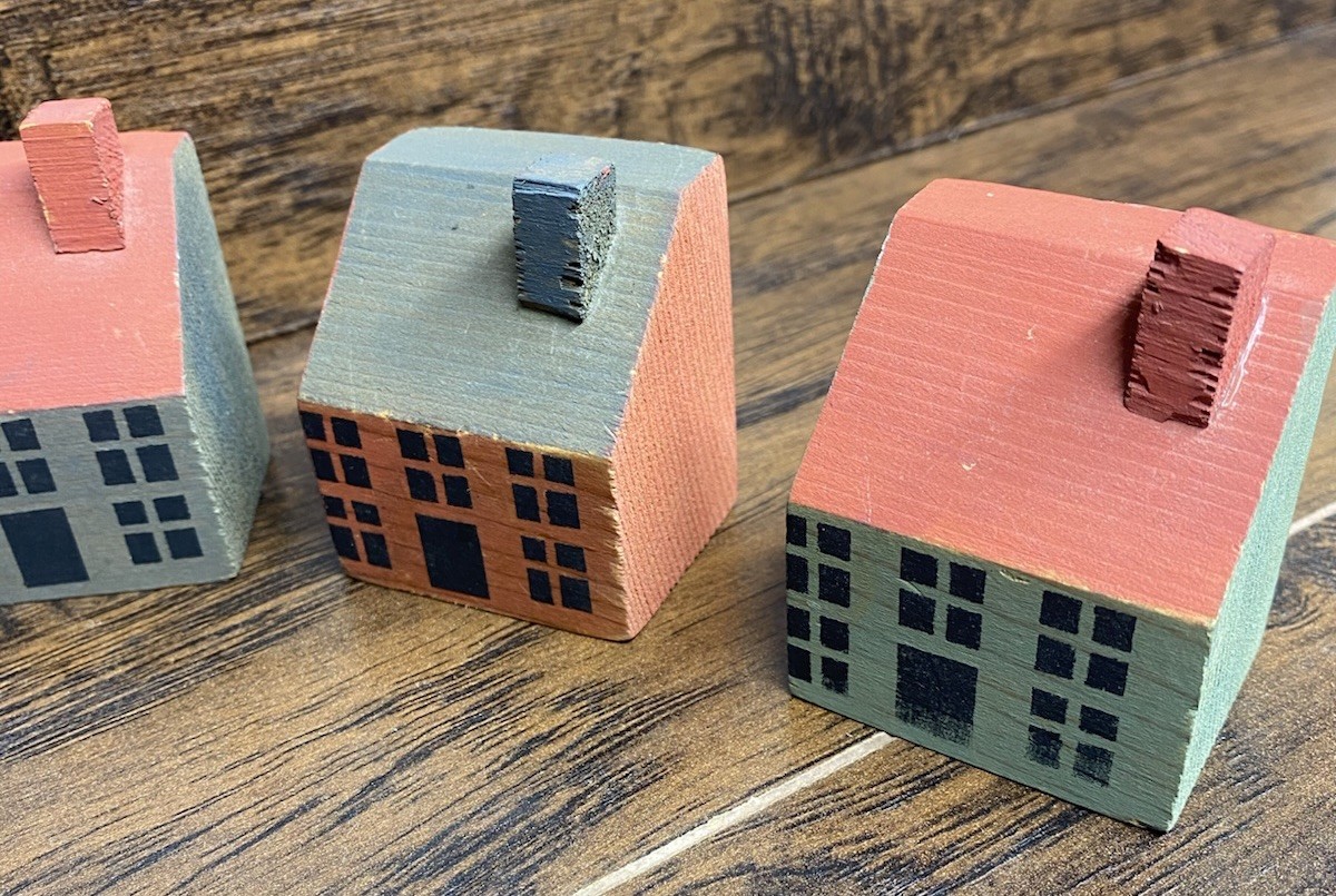 Primitive Wooden WELCOME Block Set House Village Shelf Sitter Folk Art Decor