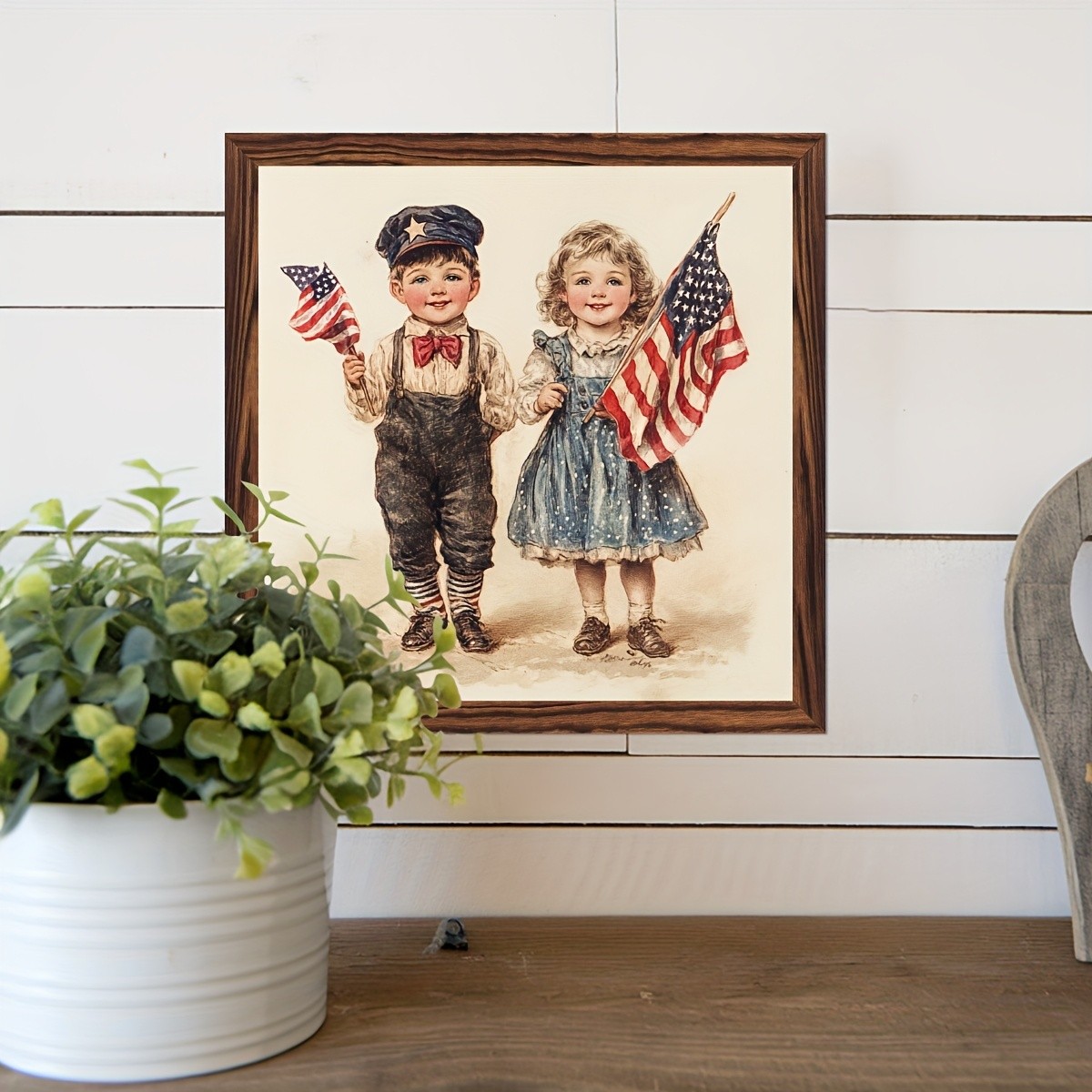 4th Of July Patriotic Children Flag Wooden Plaque Vintage USA Home Decor Gift