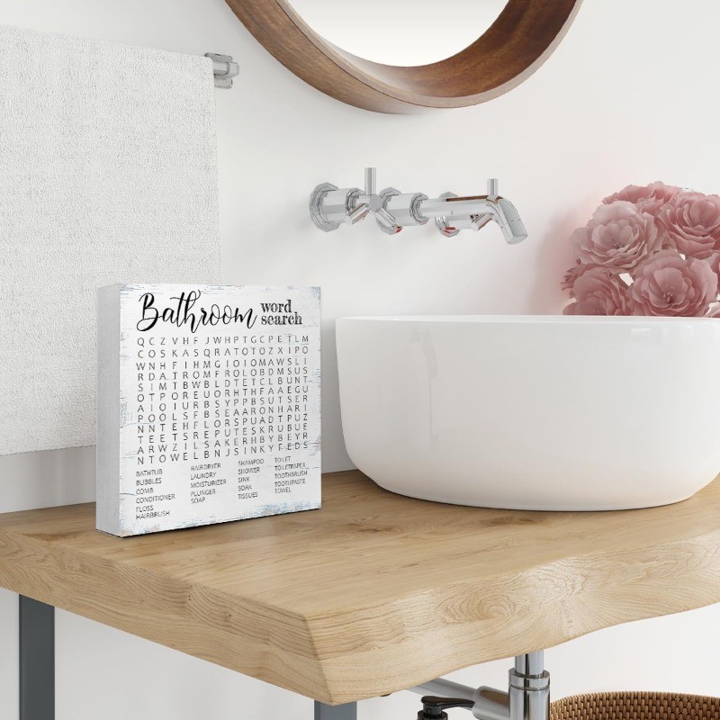 “Bathroom Word Search” Funny Wooden Box Sign, Humorous Restroom Decor Plaque