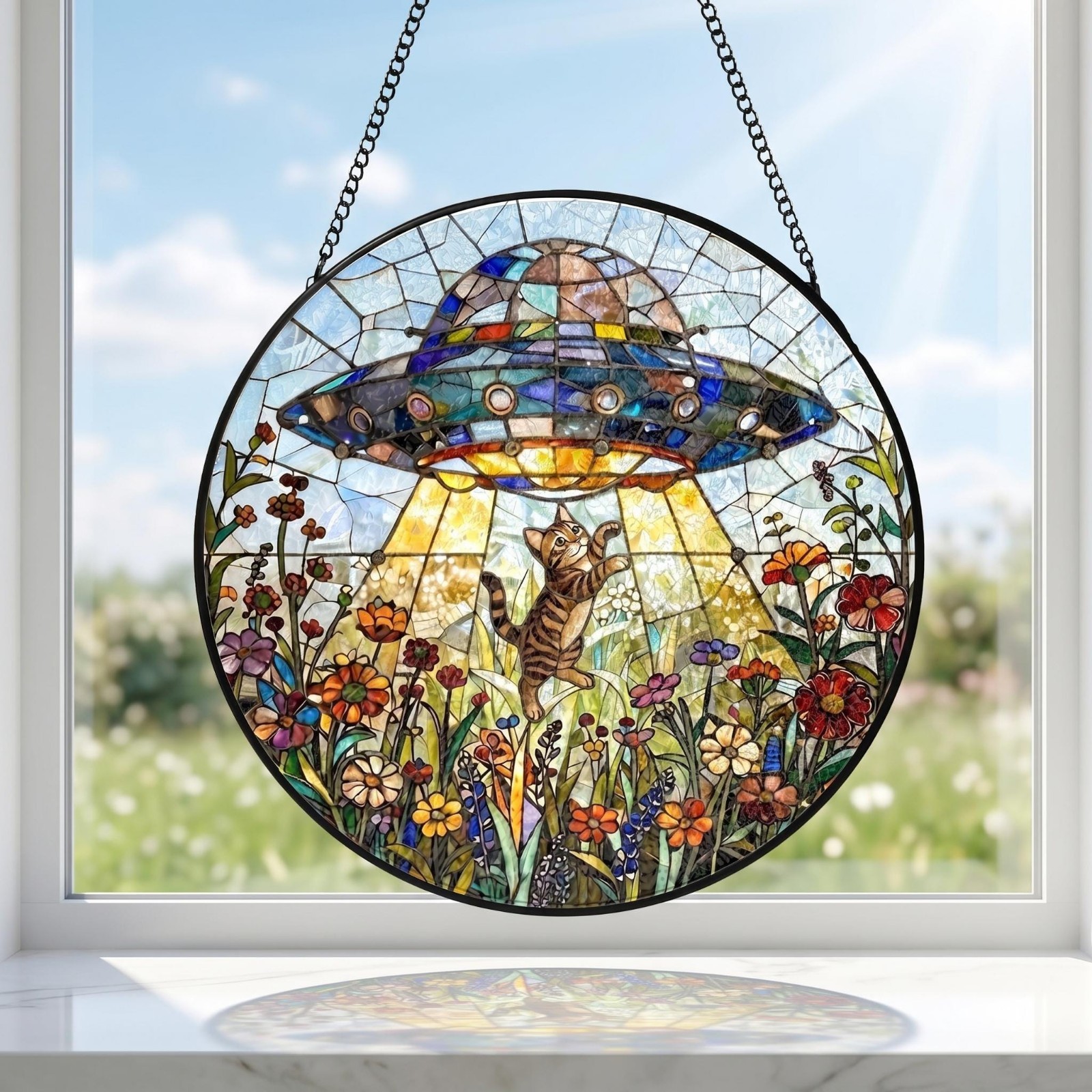 UFO Abduction Black Cat Suncatcher – Custom Alien Spaceship Window Decor