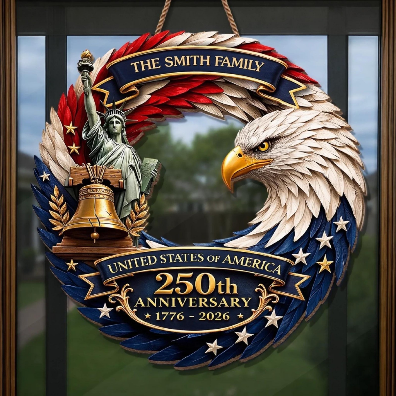Personalized America 250th Anniversary Wood Wreath, Semiquincentennial 1776-2026