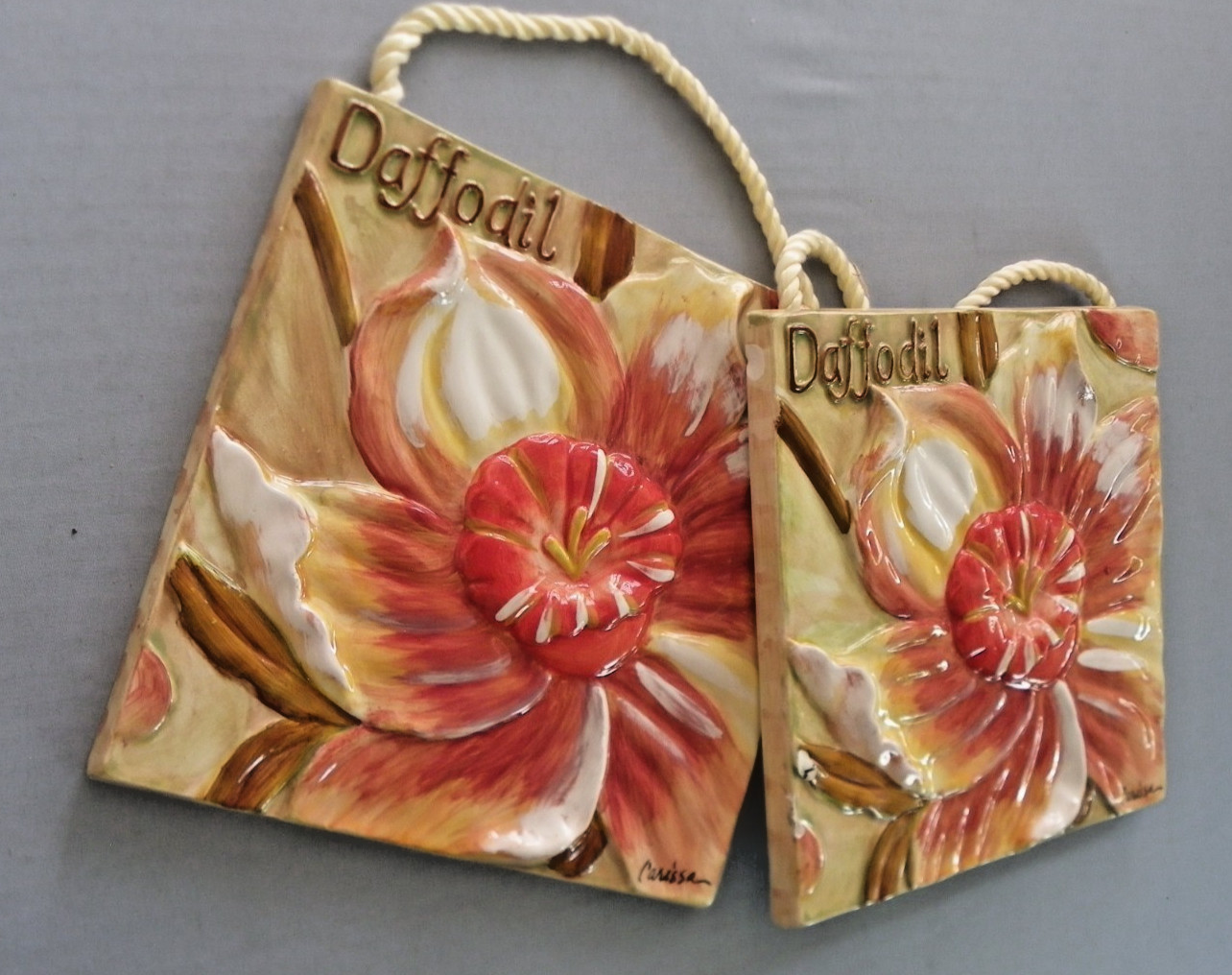 2 Floral Tile Art Pink /White 3D Wall Plaques 8”x8” Textured Glossy Flower Image