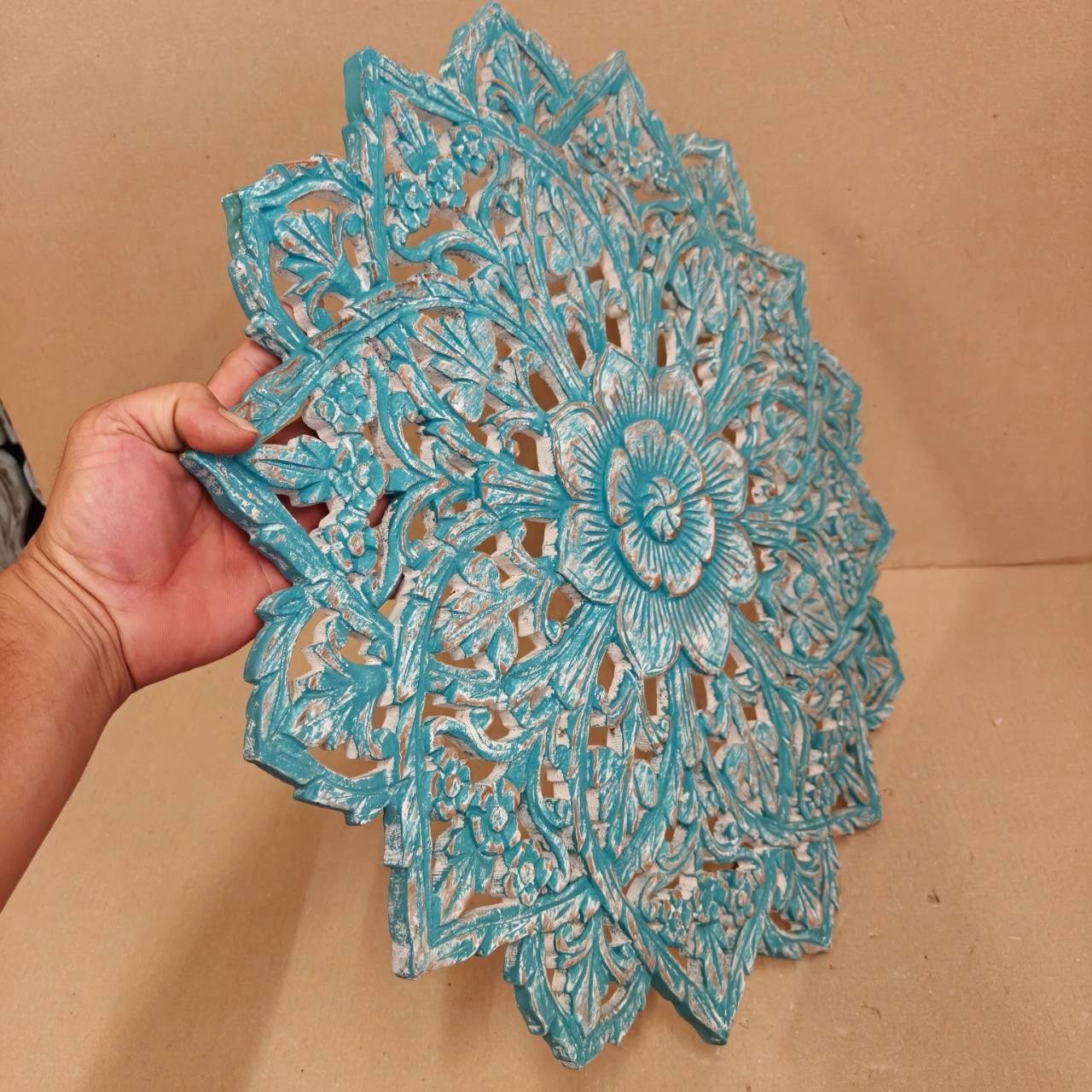 24″ Round Teak Wood Wall Art Hand Carved Floral Mandala Turquoise White RS003