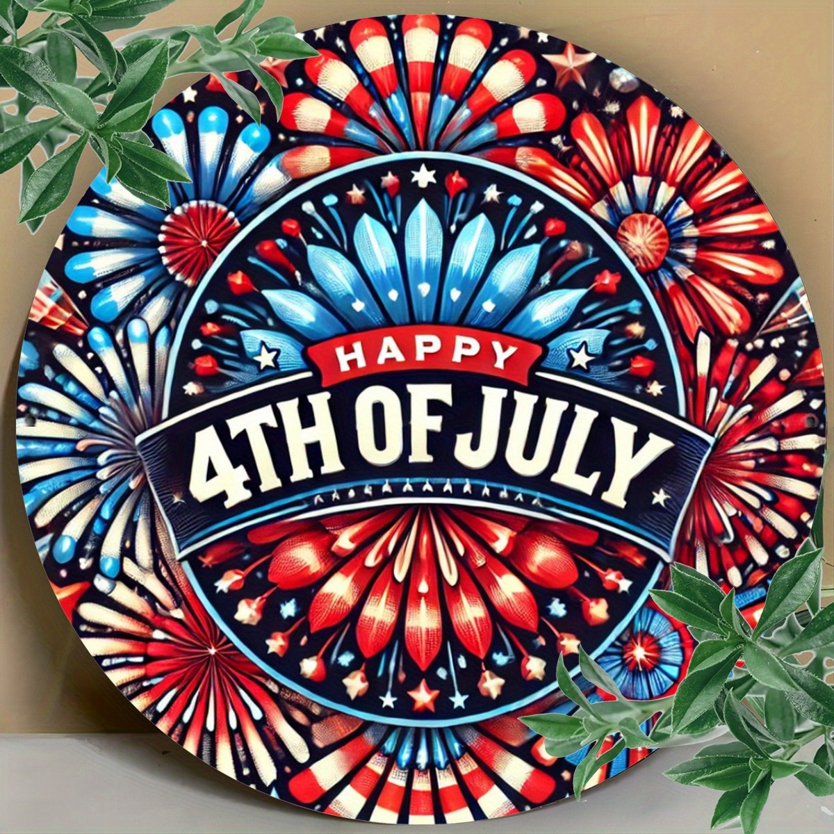 Patriotic Metal Wall Art Aluminum Sign 8 Inch Round Funny Fireworks Stars