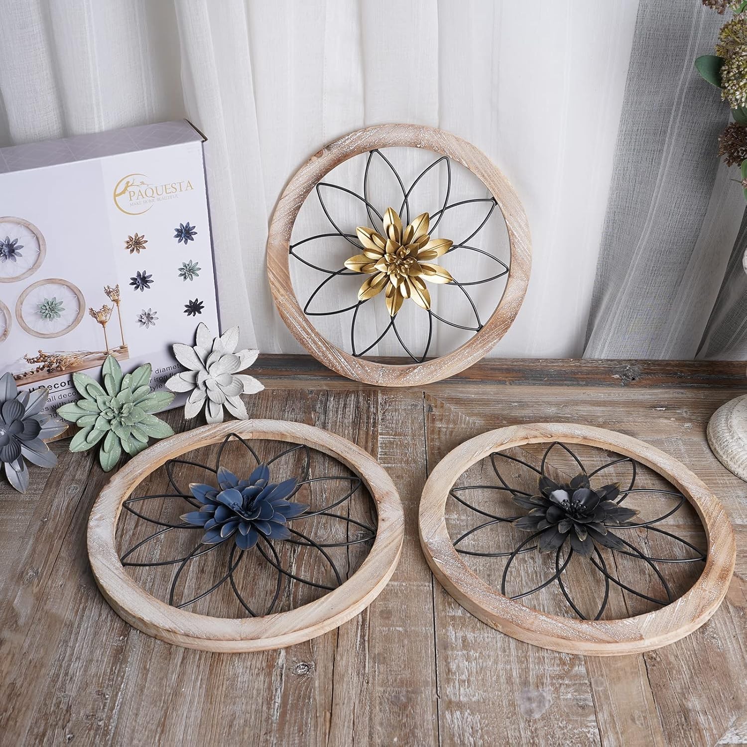 Farmhouse Wood Metal Wall Art Interchangeable Floral Decor For Living Room