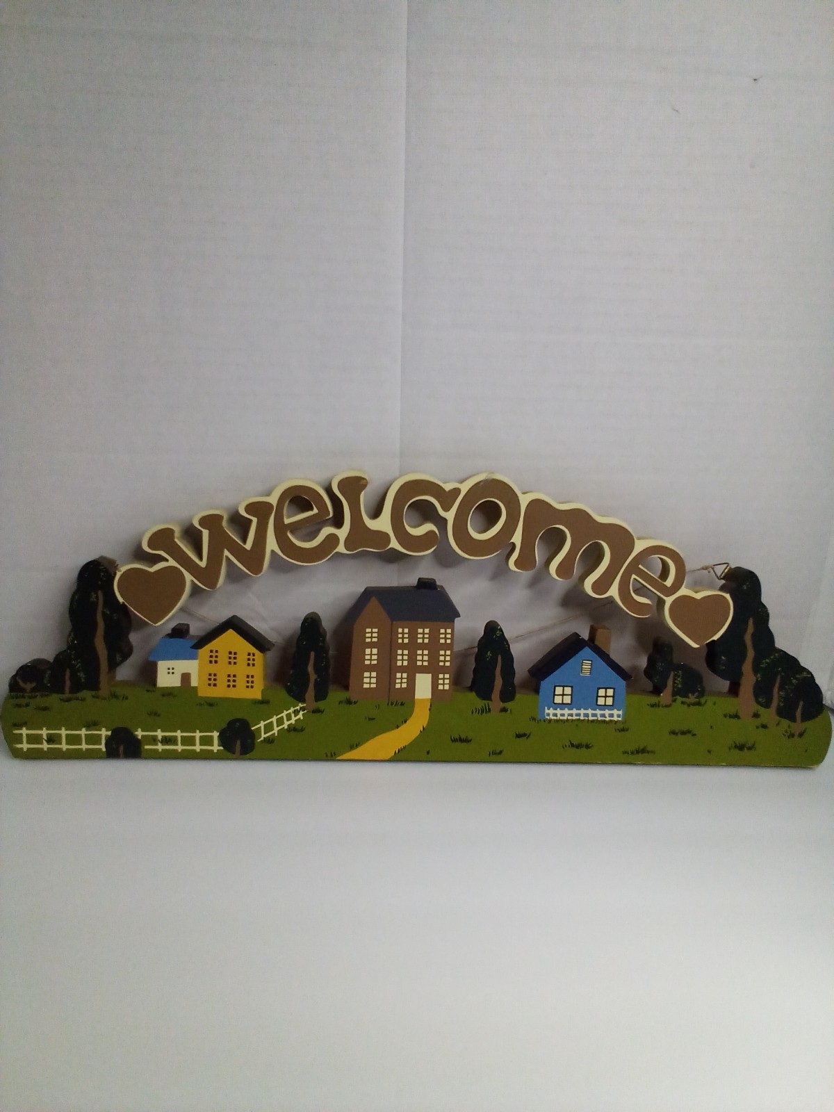 Vintage Folk Art Welcome Sign Houses Trees Hand Painted Cottagecore 19″ x 7″