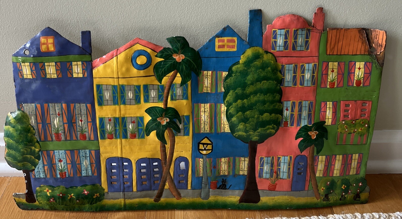 Row Houses Metal hand painted row of houses wall hanging fontaine 12 x 21 1/2