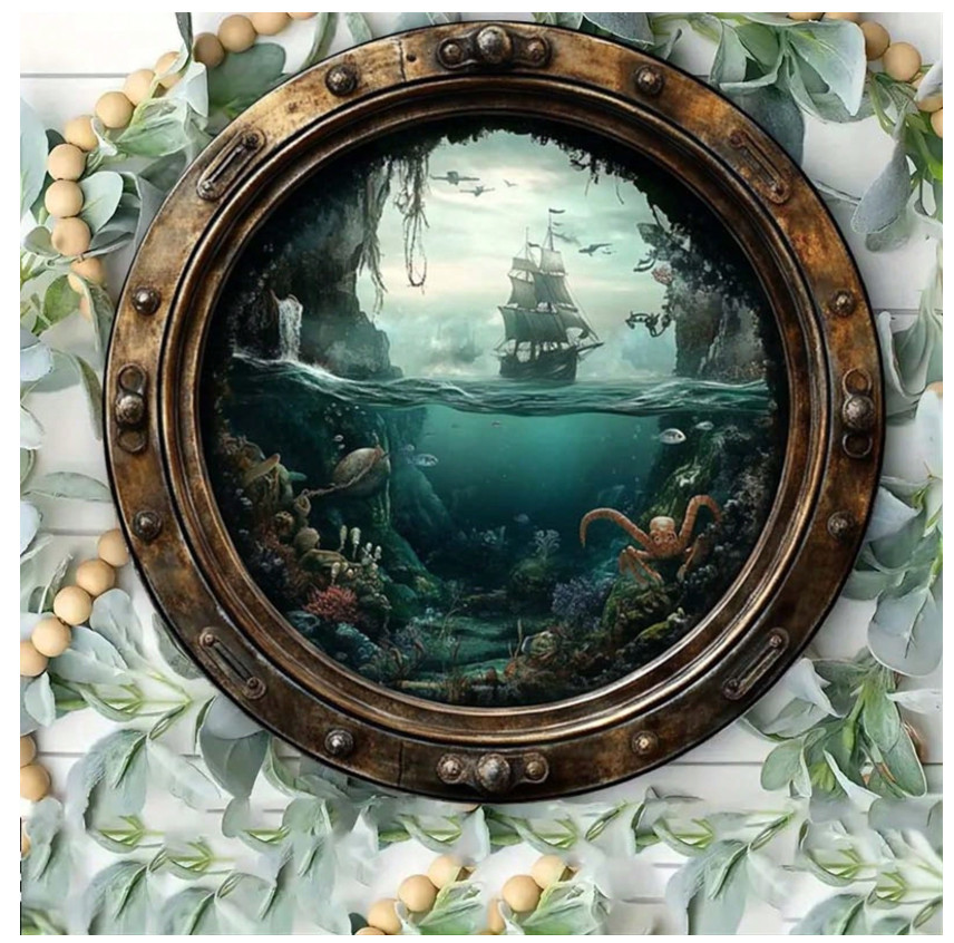 Nautical Ship Porthole Wall Art, Ocean Theme Round Metal Sign, Rust & Waterproo