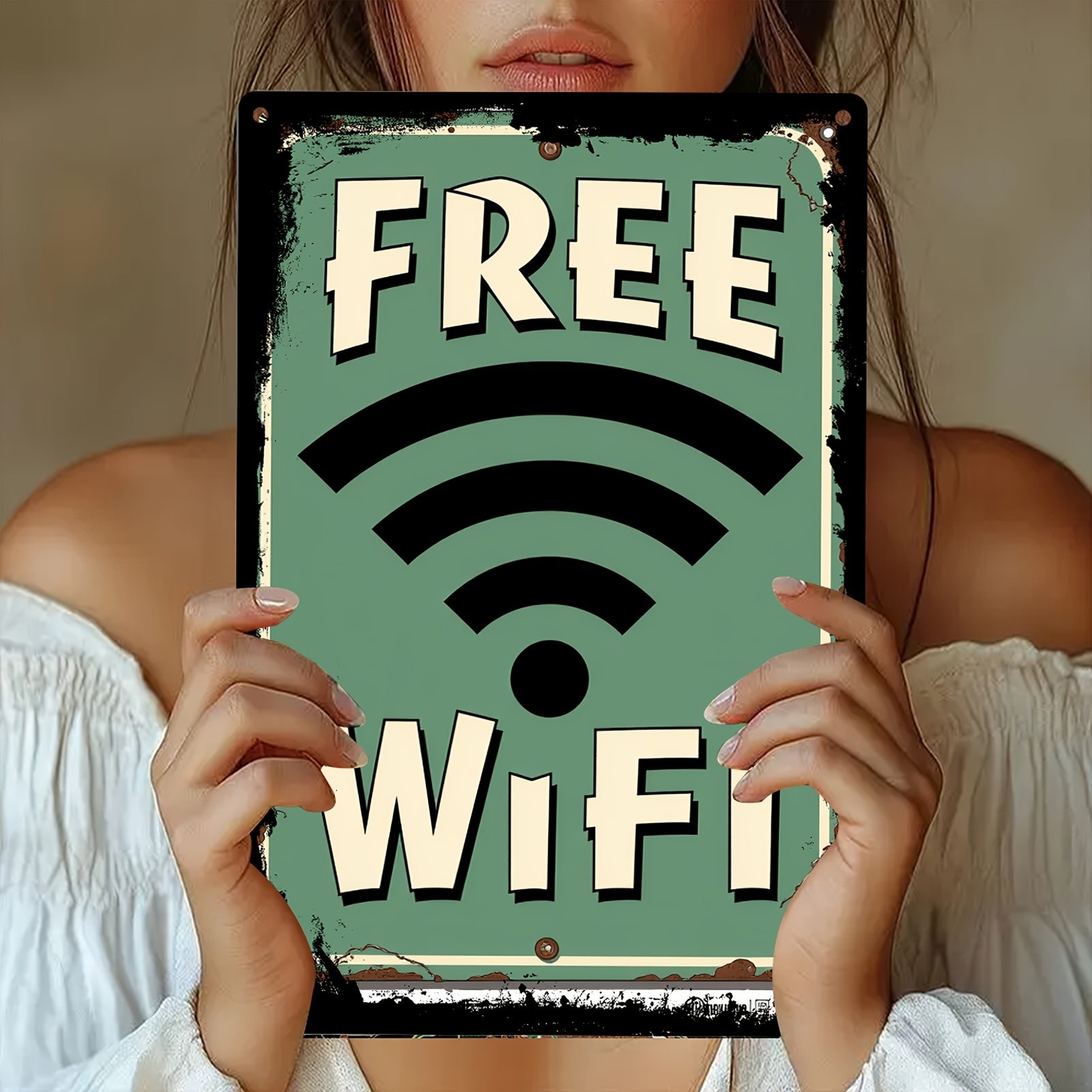 Vintage “Free WiFi” Metal Sign Rustic Green & Yellow 19.99×29.97cm