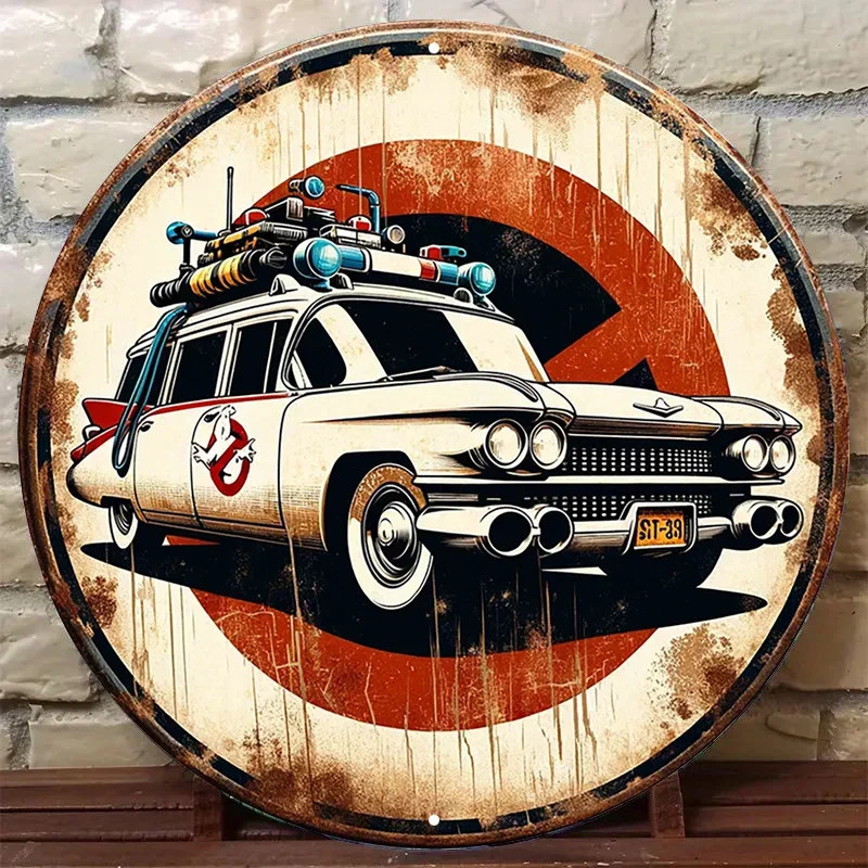 Wall Decor Ghostbusters Ecto-1 Car Vintage Metal Sign Retro Aluminum Round Wall