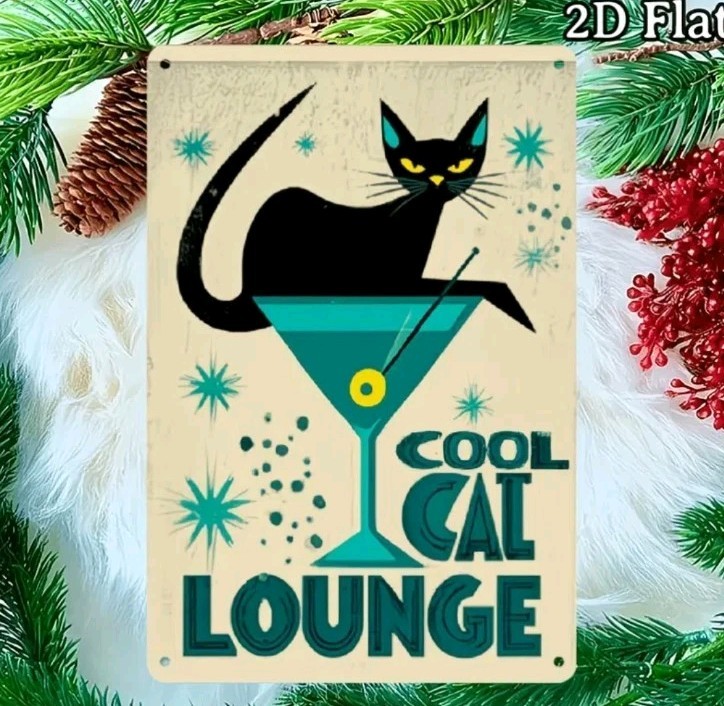 Cool Cat Lounge Wooden Sign Black Cat Martini Retro Bar Wall Decor Plaque