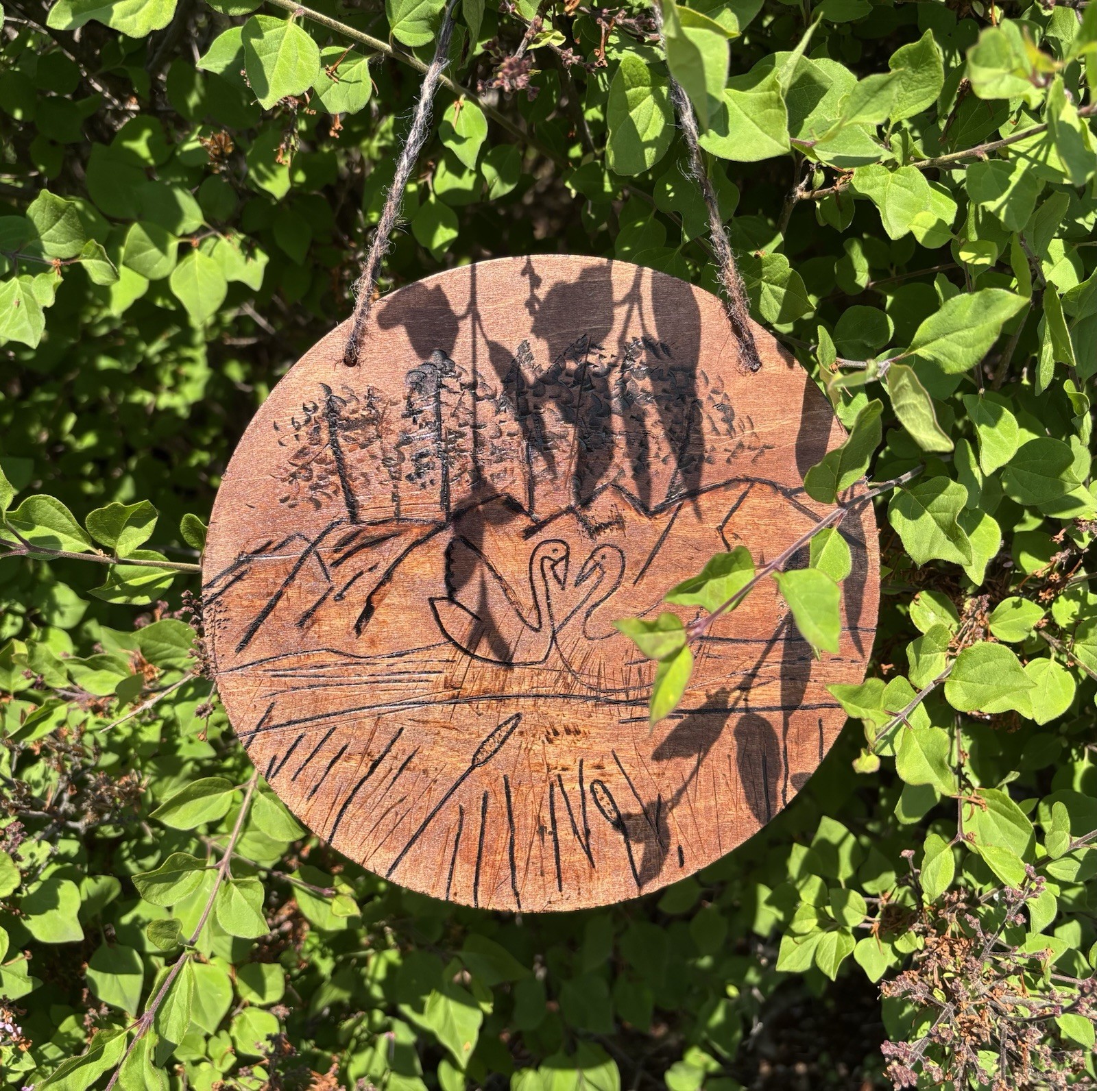 Handmade Wood-Burned Swan Lake Theme Circular Pyrography with Twine