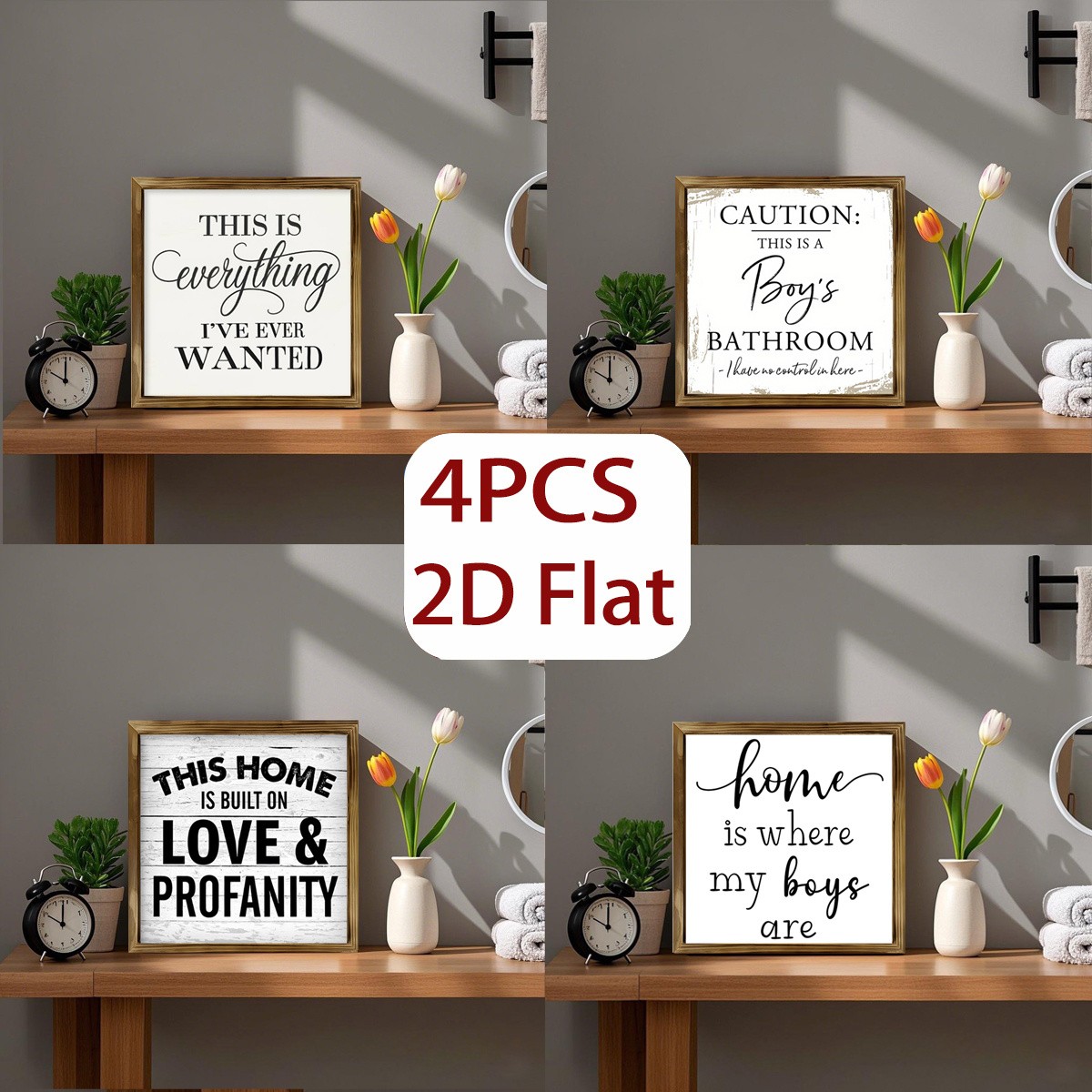 4Pcs Funny Boys Bathroom Wooden Sign Framed Rustic Farmhouse Home Decor Gift