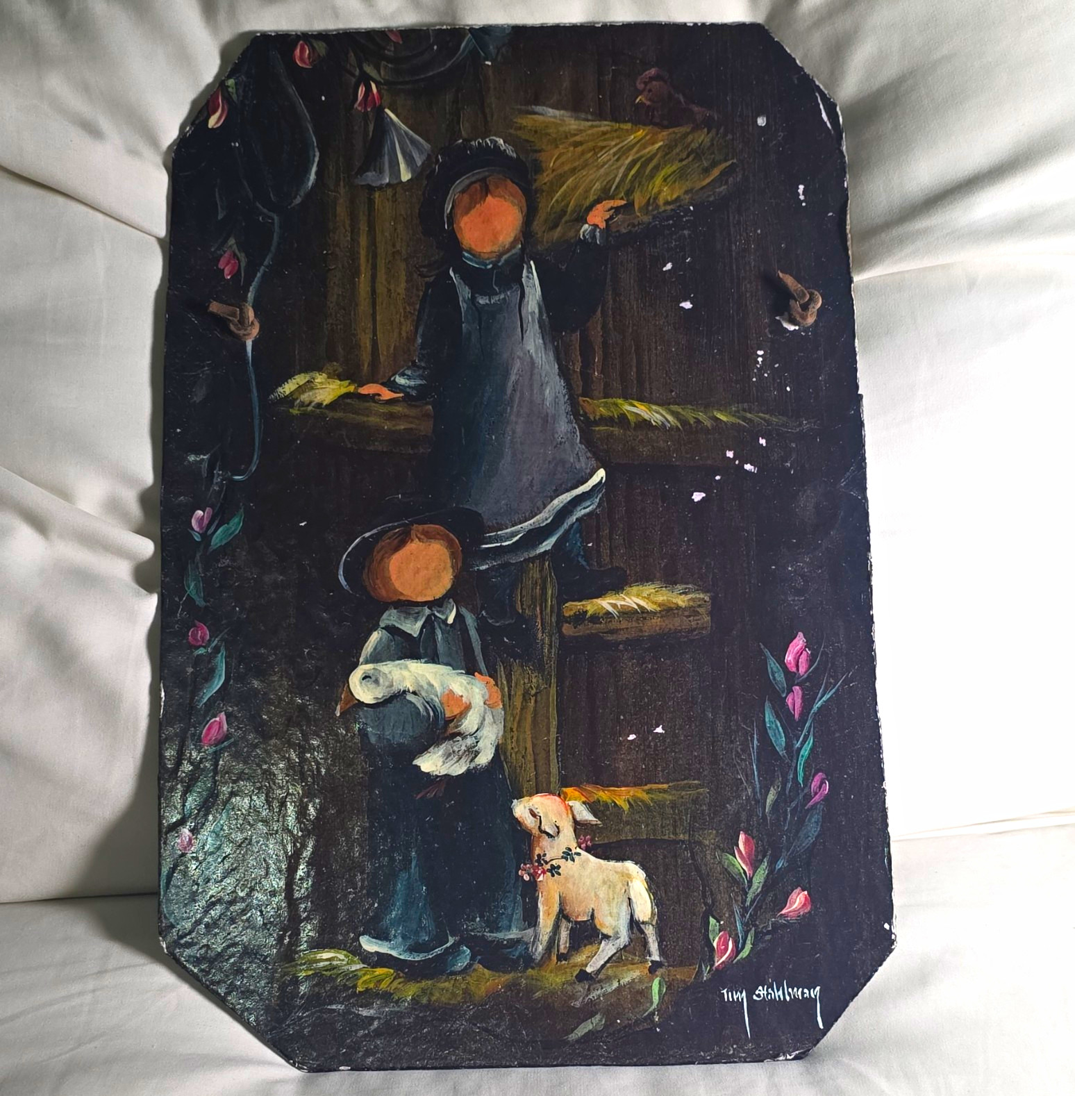 Moonbrook Arts Handmade Slate Plaque Farm Life Children Lamb Wall Hanging
