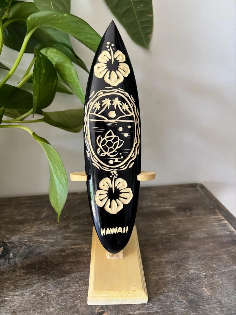 Hawaiian Hand Made 8″ Carved Wood Surfboard w/ Display Stand Engraved Hibiscus