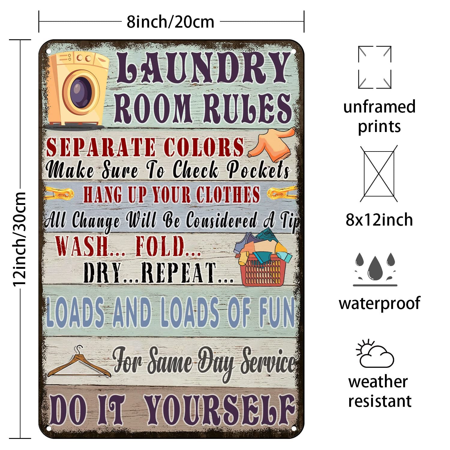 Funny Laundry Room Rules Metal Tin Sign Vintage Wall 12×8 inches, Earth tones
