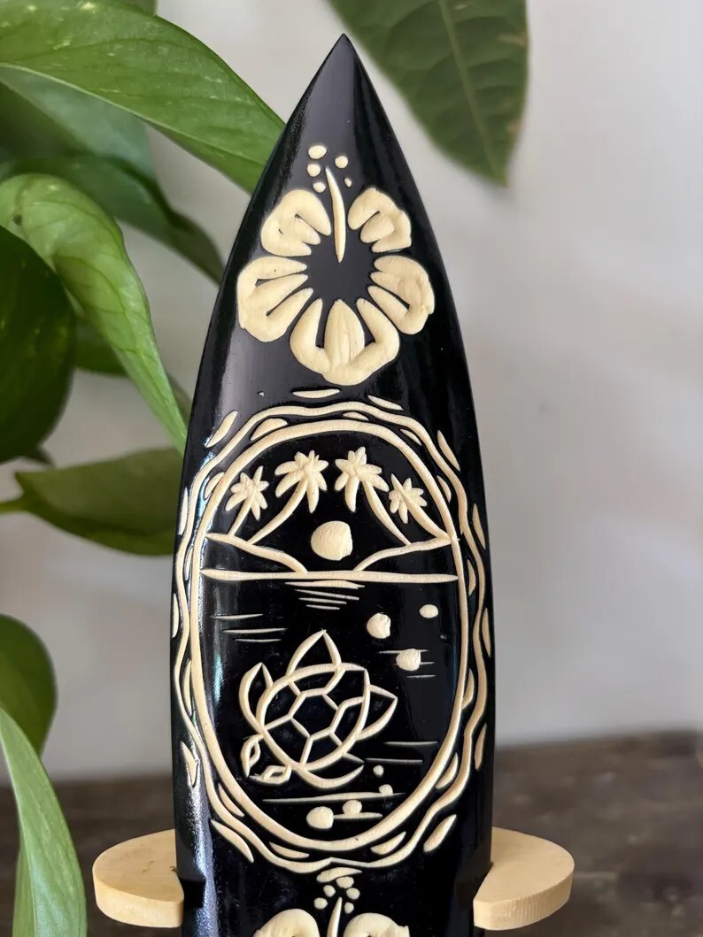 Hawaiian Hand Made 8″ Carved Wood Surfboard w/ Display Stand Engraved Hibiscus
