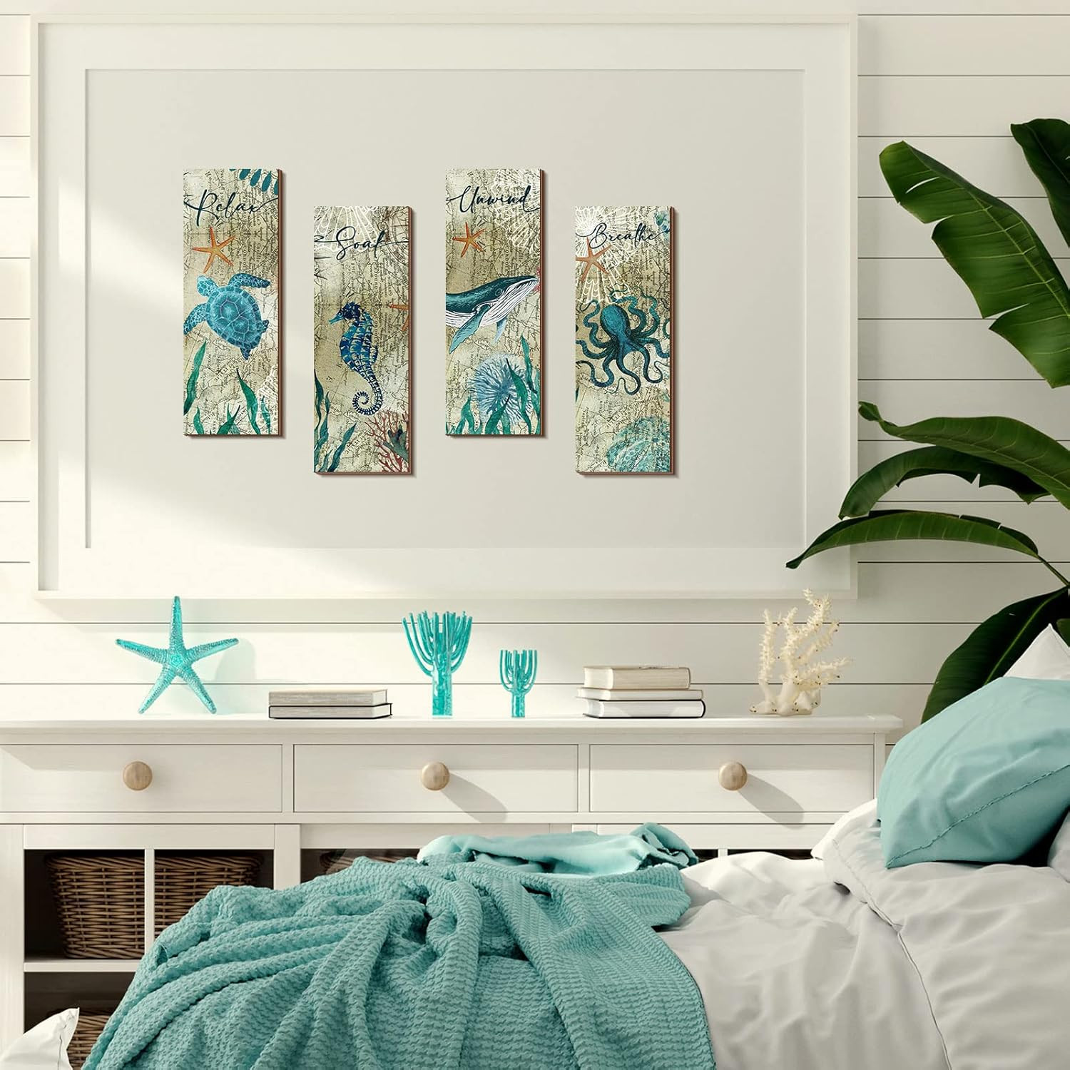 4 Pieces Beach Bathroom Decor Wall Sign Ocean Decor Sea Turtle Wall Art Nautical