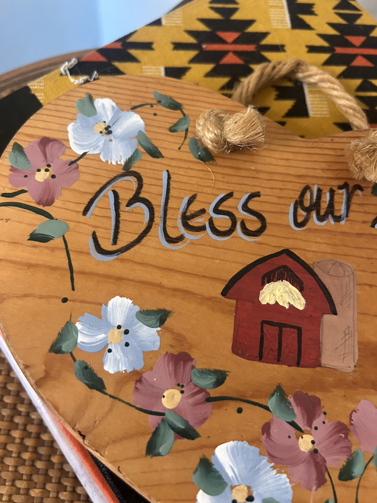 Vintage Bless Our Farm Wood Heart Wall Plaque Floral Medium Hand Painted Barn