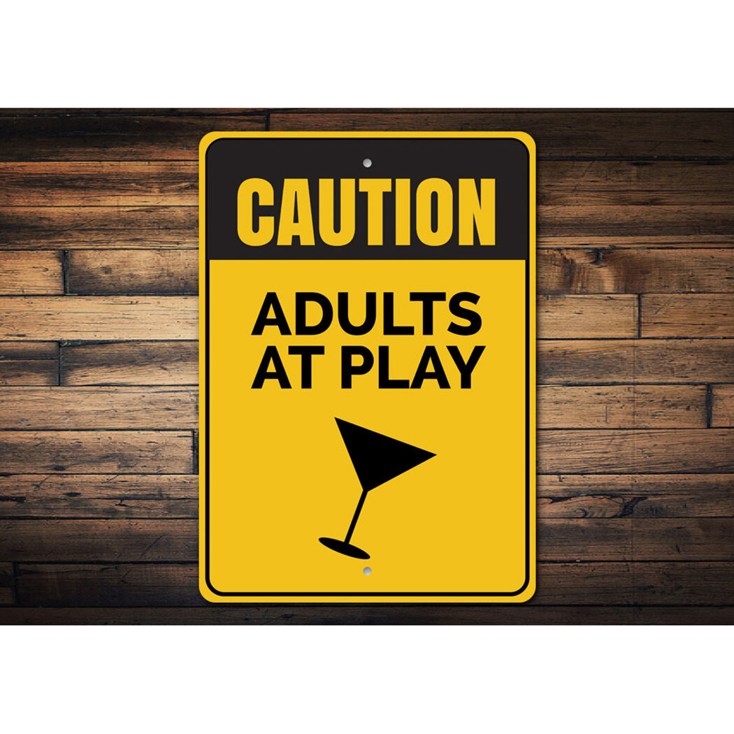 Caution: Adults at Play, Martini Cocktail Glass Bar Sign, Bar Metal Sign