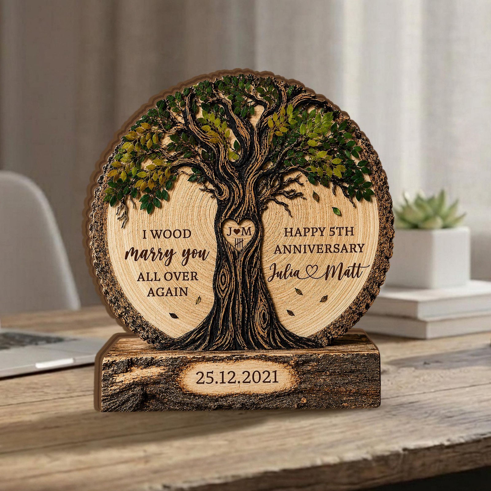 Personalized Couple Tree Wooden Block, Wood Anniversary Gift For Couples