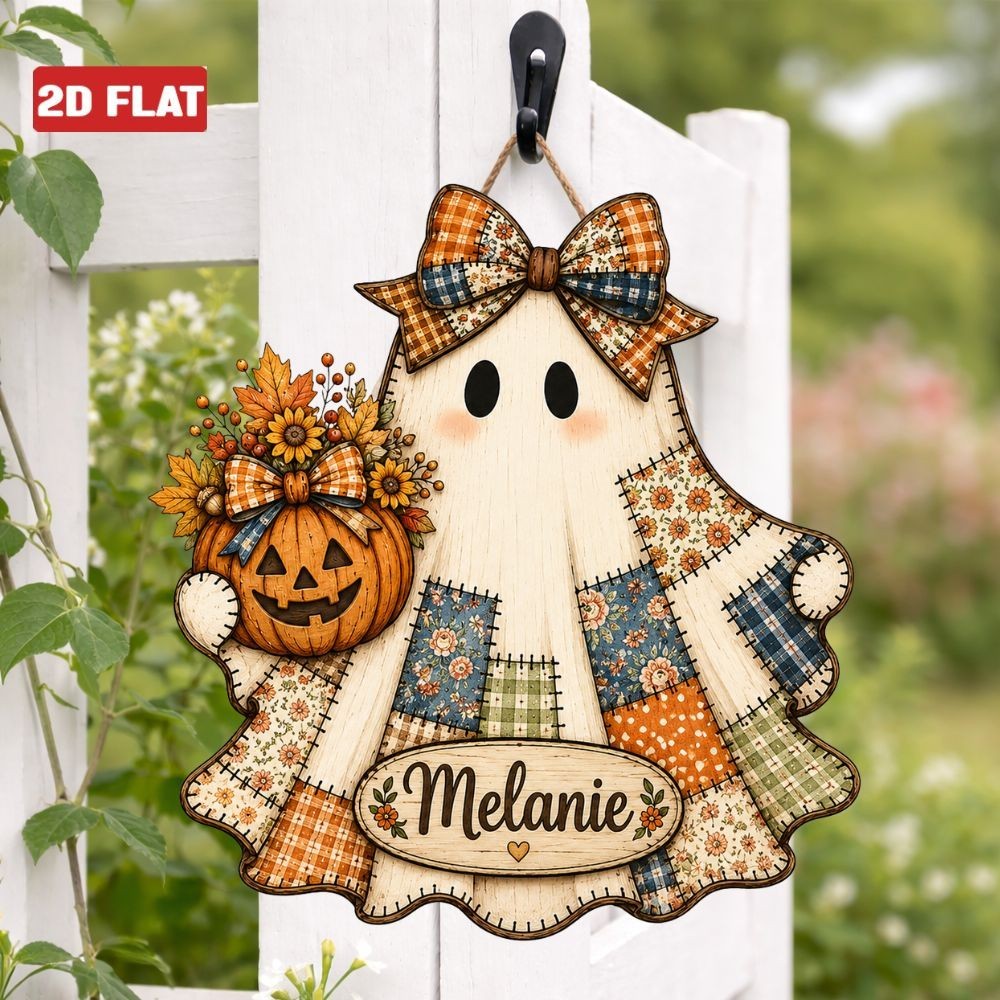 Custom Name Patchwork Ghost Door Sign Rustic Pumpkin Fall Front Wood Door Porch