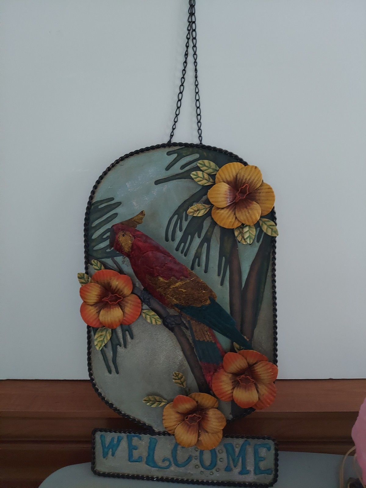 Tropical-Themed Metal Art “Welcome” Hand-Painted Parrot and Hibiscus & HookChain