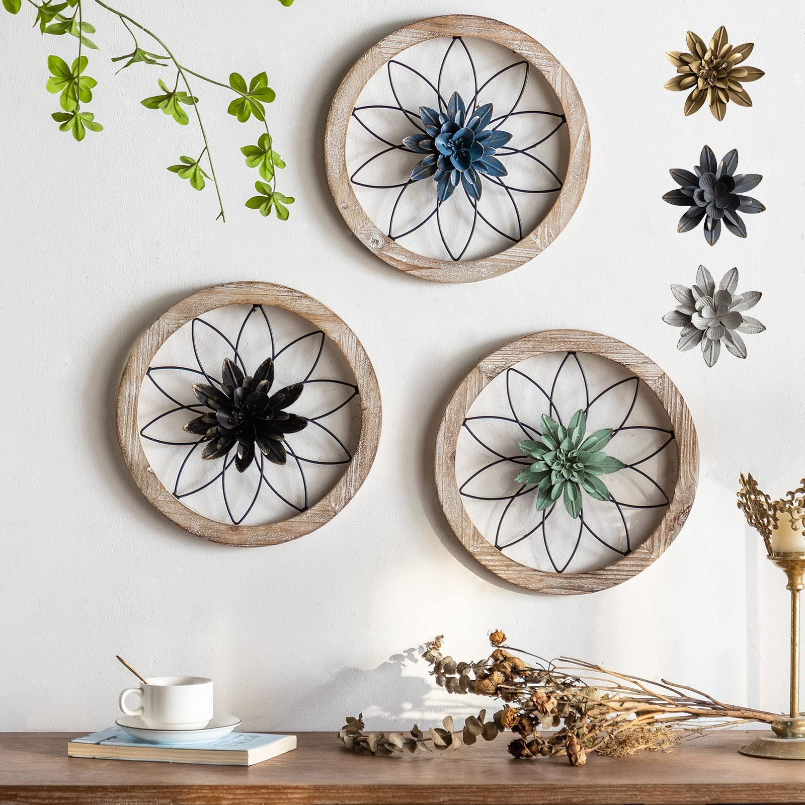 Farmhouse Wood Metal Wall Art Interchangeable Floral Decor For Living Room