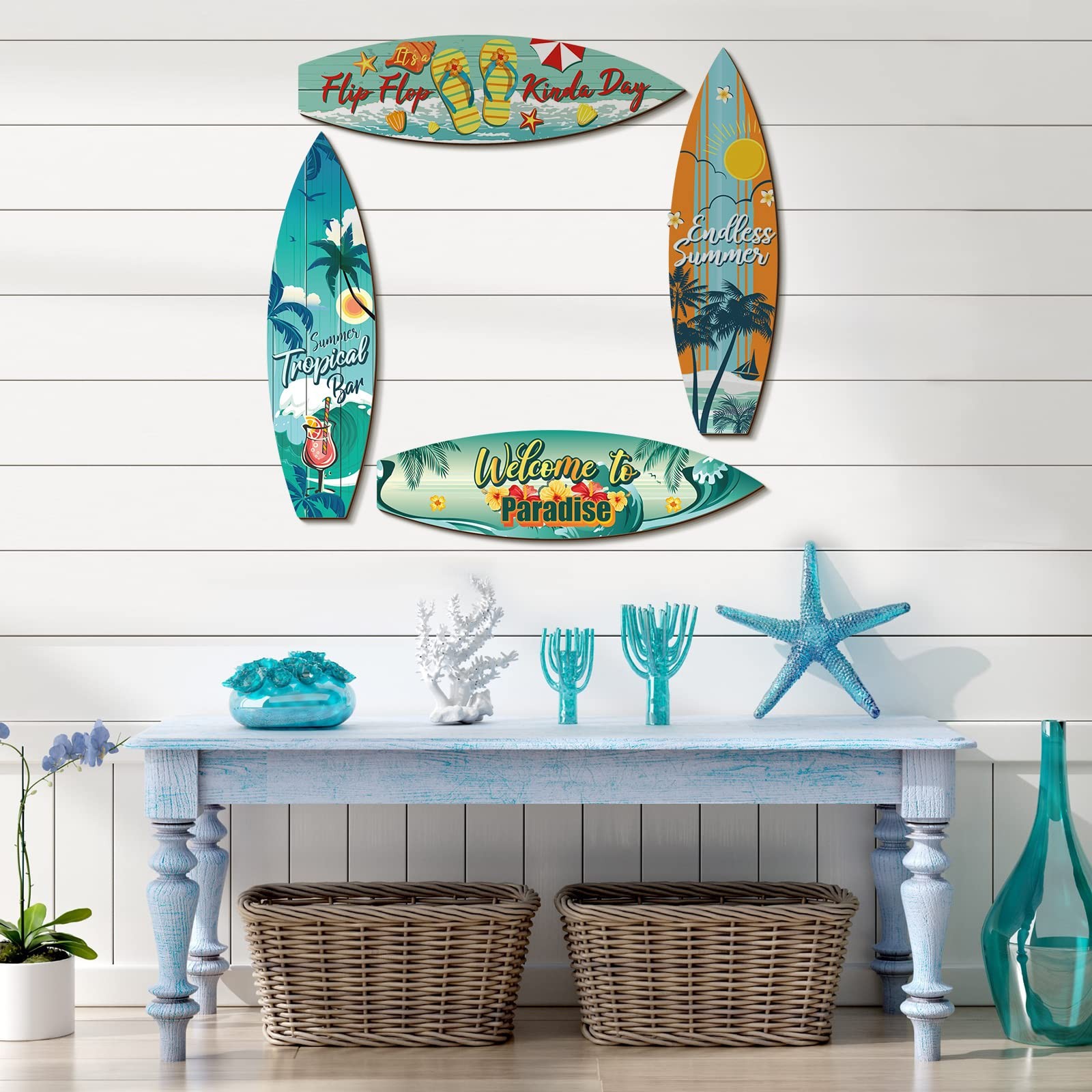 Tatuo 4 Pcs Surfboard Decor Hawaiian Wooden Beach Wall Decor Tiki Tropical Bar D