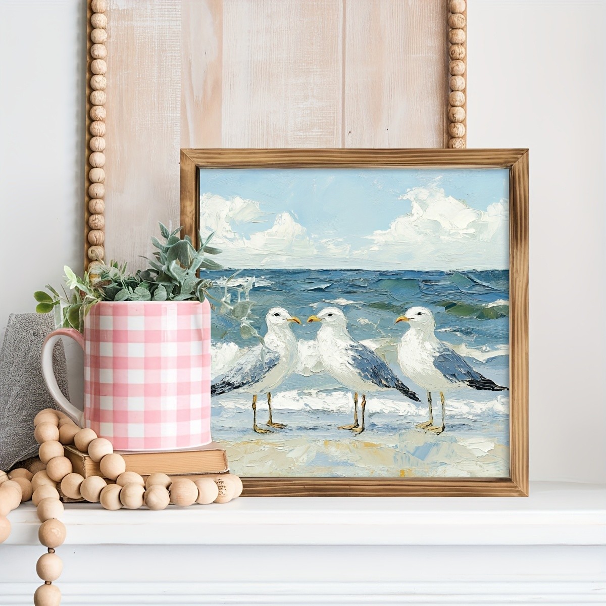 Seagulls Coastal Wooden Print Wall Art Framed Beach Theme Decor for Home & Patio