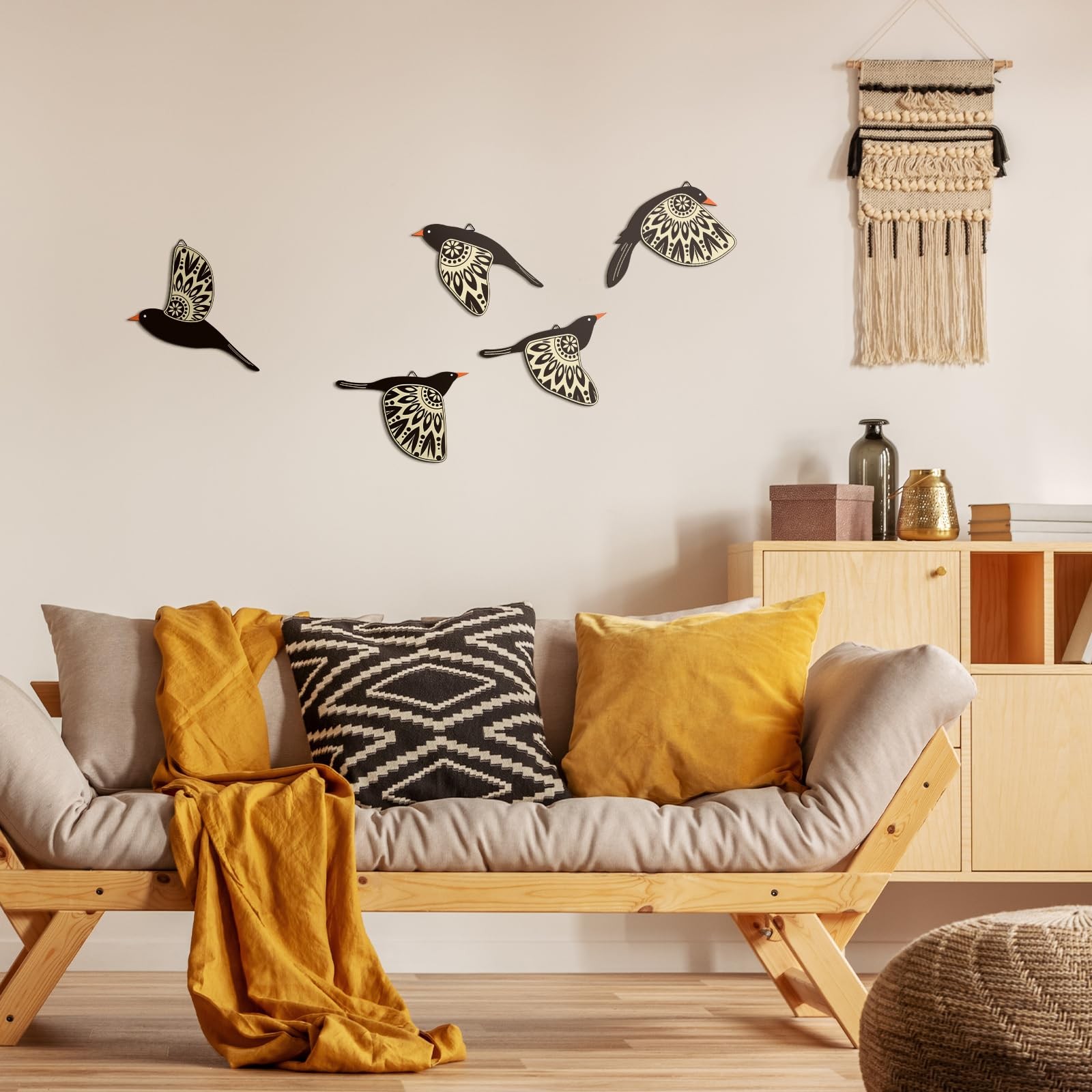 5 Pcs Wooden Bird Wall Art Wood Flying Birds Wall Decor Rustic Folk Art Scandina