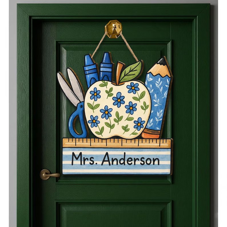 Personalized Teacher Door Sign, Floral Apple Classroom Wood Decor Gift