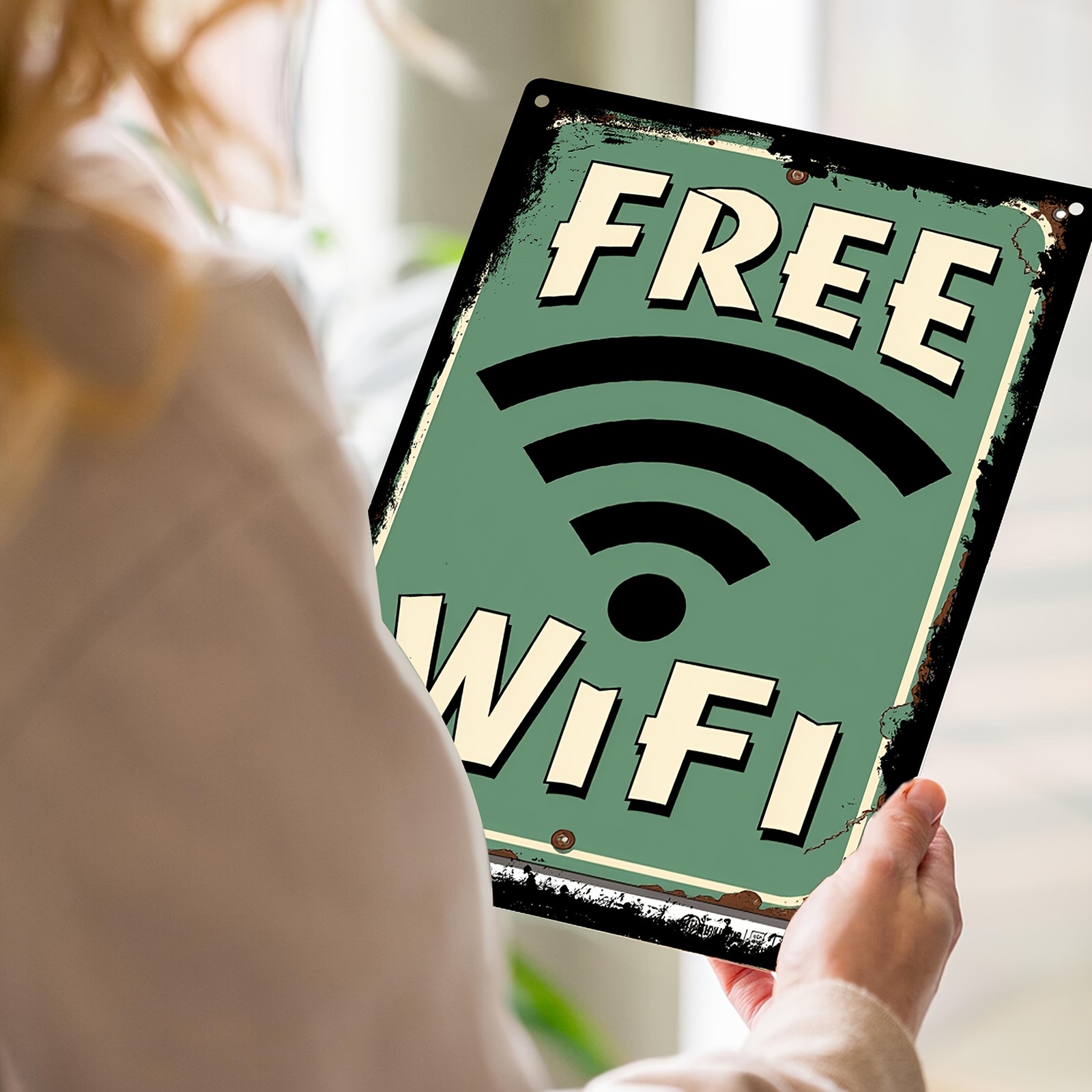 Vintage “Free WiFi” Metal Sign Rustic Green & Yellow 19.99×29.97cm