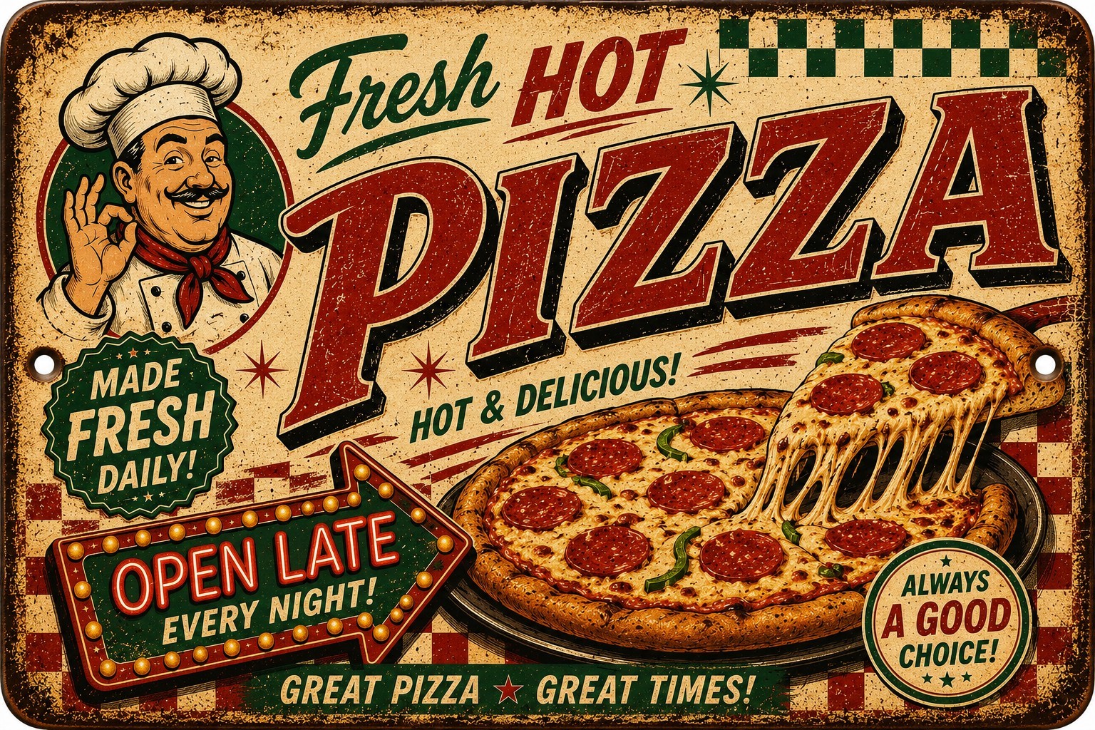 Fresh Hot Pizza Retro Metal Sign Vintage Pizzeria Wall Decor 8×12