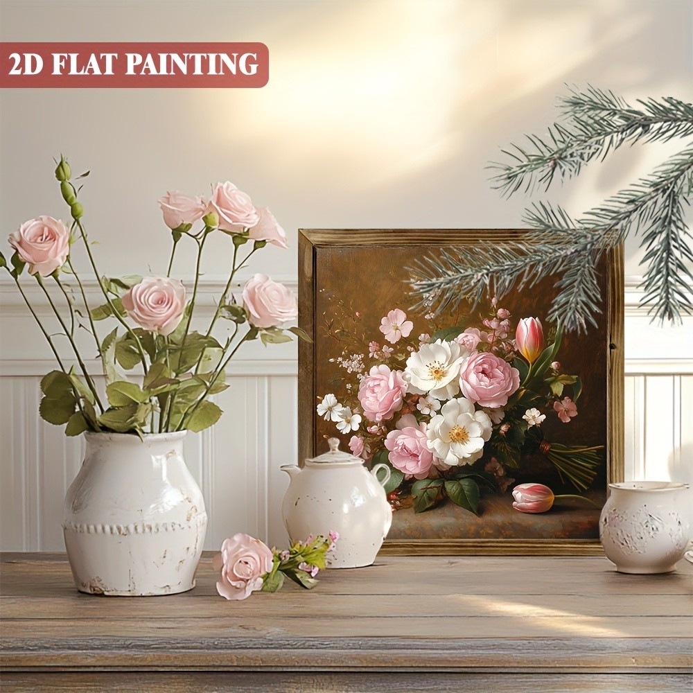 Warm Vintage Pink White Flower Bouquet Wooden Sign For Dining Wall Decor