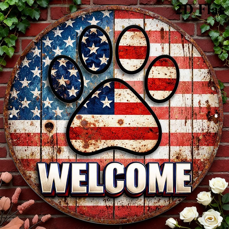 2D “American Flag Paw ” Vintage Patriotic Metal Sign Room Kitchen Garage Decor