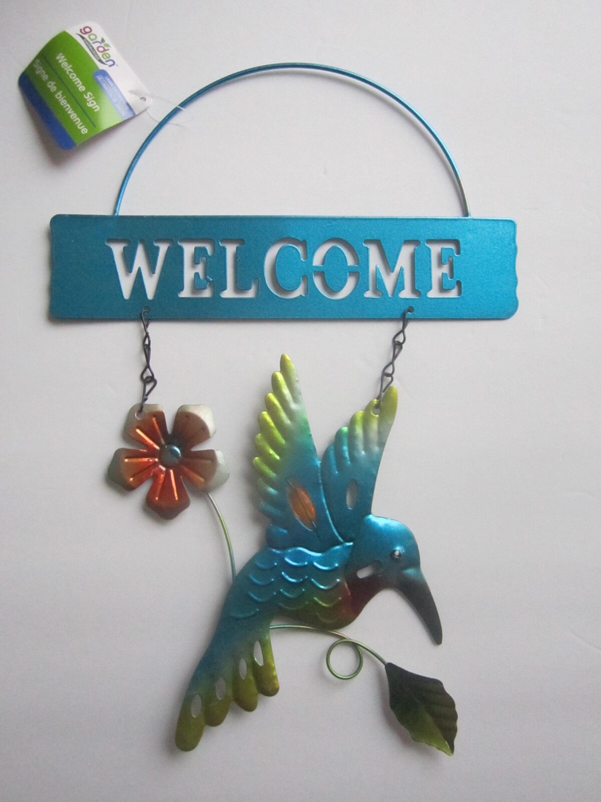 Garden Collection Metal Beautiful Glossy Hummingbird Welcome Blue Sign 8×12-in.