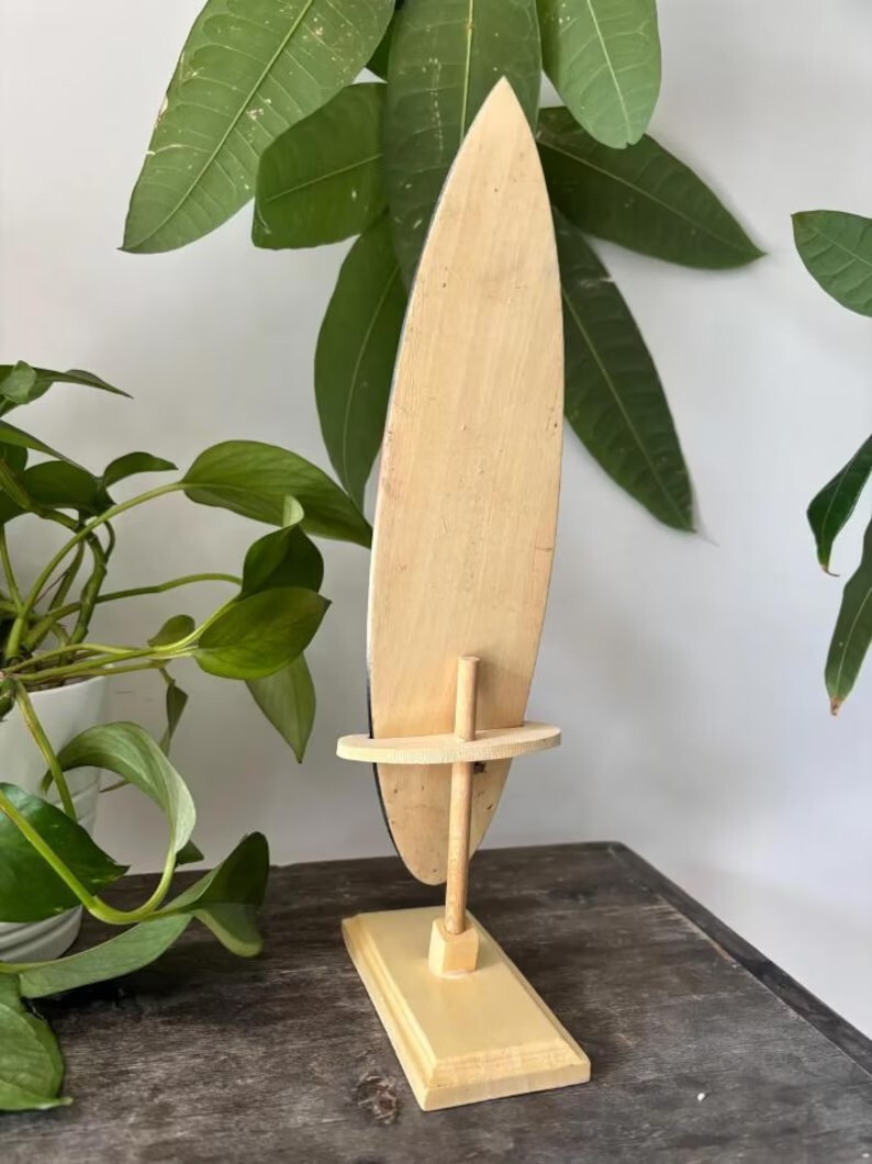 Hawaiian Hand Made 12″ Carved Wood Surfboard Display Stand Sunset Honu Turtles