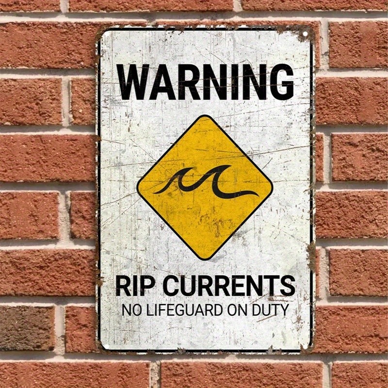 Vintage Coastal Metal Warning Plaque Rip Currents Tin Sign for Beach Bar Decor