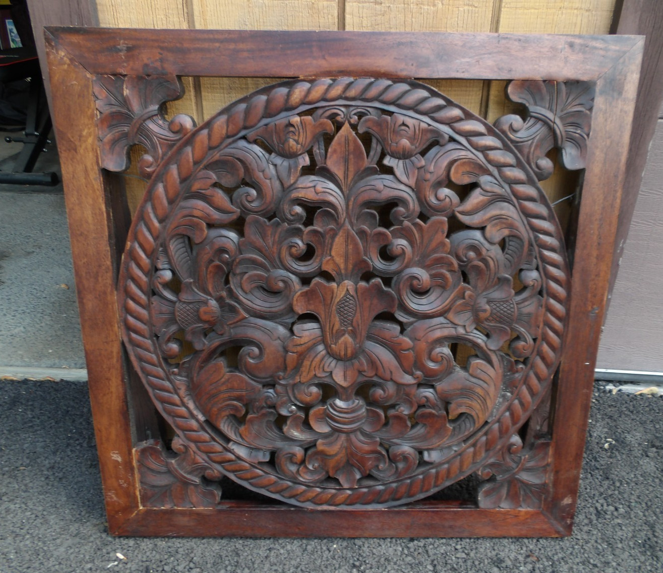 Vintage Handcarved Wood Wall Panel 30″x30″ Fleur De Lis, Rope Design