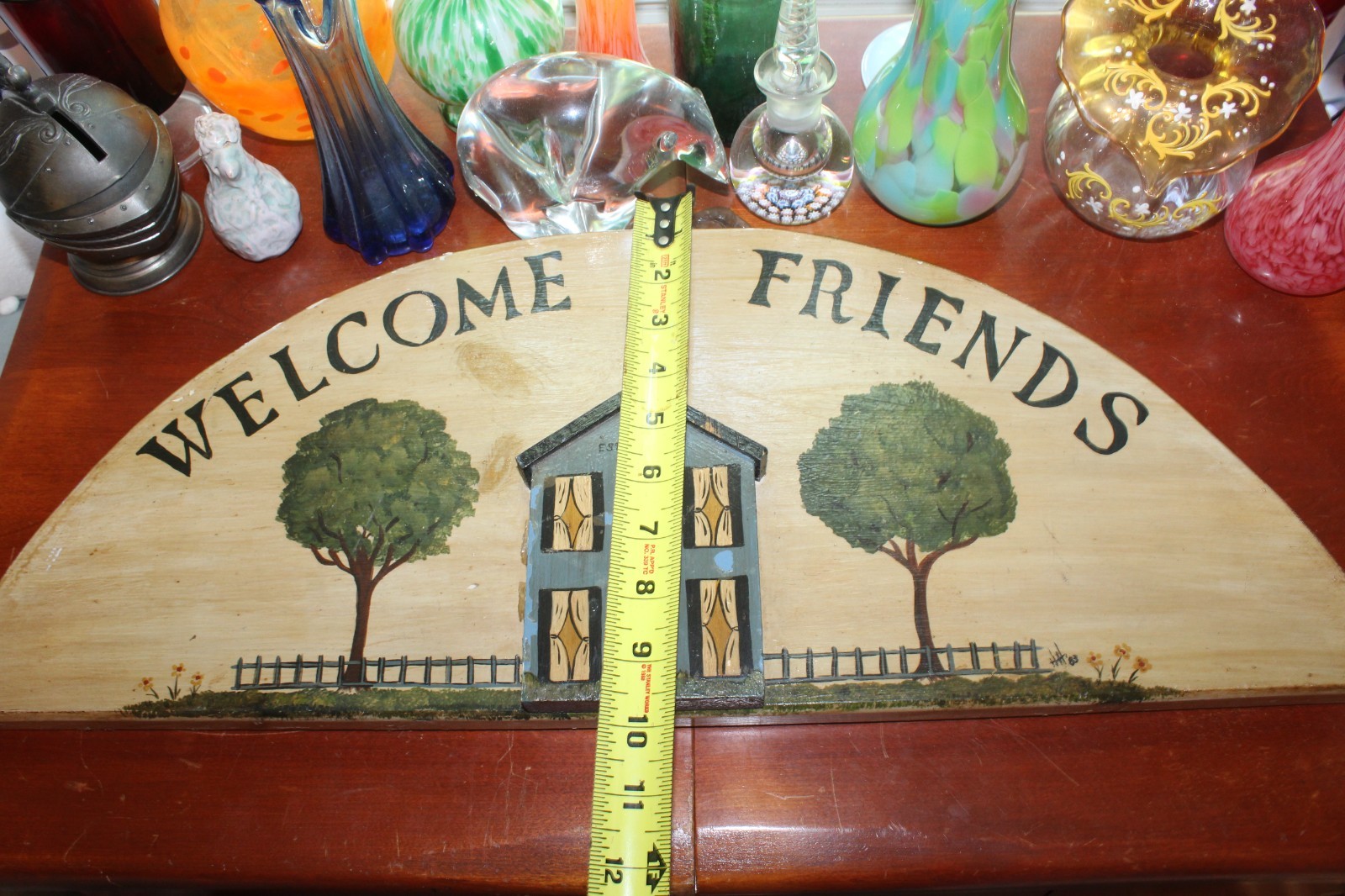 Vintage WELCOME FRIENDS Handcrafted Wood Arched Hand Painted House Sign Plaque