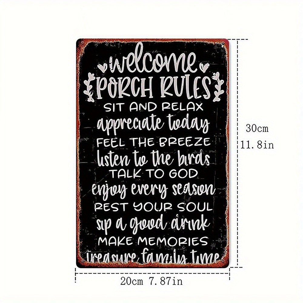 Vintage Metal Sign Porch Rules 8×12 Distressed Decor