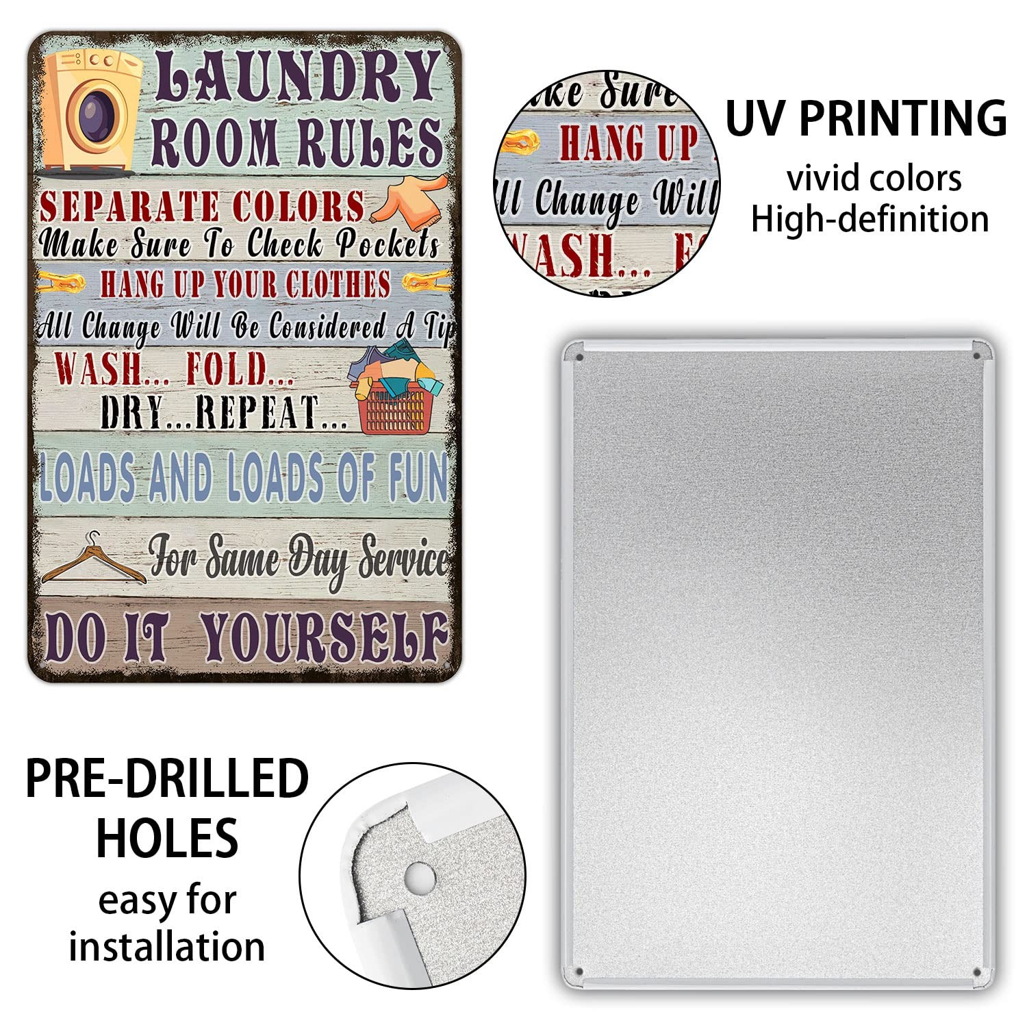 Funny Laundry Room Rules Metal Tin Sign Vintage Wall 12×8 inches, Earth tones